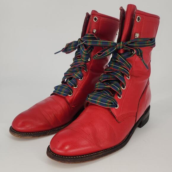 Vintage Justin Red Leather Lace-Up Boots Women’s 7.5B - Picture 2 of 16